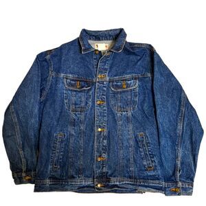 Vintage Wrangler Rugged Wear Denim Jacket Indigo Blue Button Unlined Mens XL